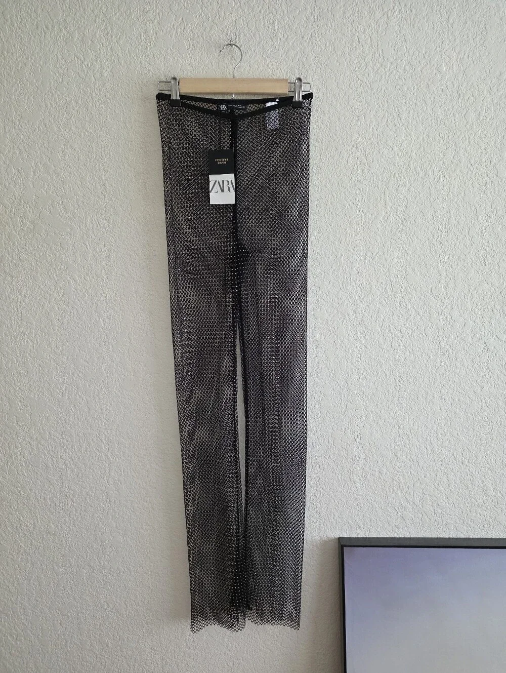 ZARA SHIMMERY Rhinestone Mesh Jewel PANTS Black Size XS